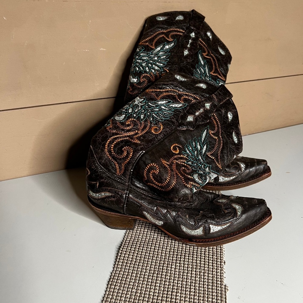 Corral Dark Brown Leather Glitter Inlay Teal Embroidery Western Boots A3537 7M